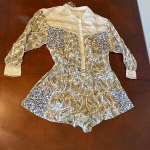 Lucca Womens Paisley  Floral Print Romper Button Front And Long Sleeves
